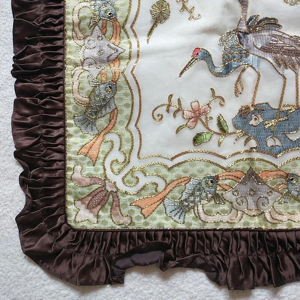 VTG GoldenCloud Pillow Cover Bird Flower Fish Silk Rayon Embroidered Ruffle